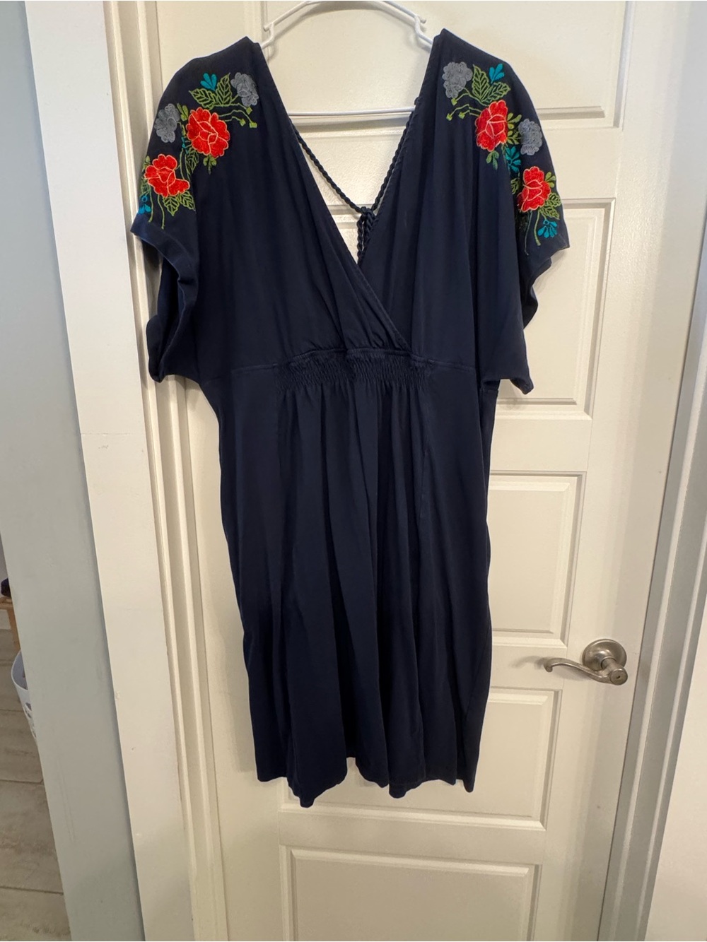 eshakti Navy Midi Dress with Red & Gray Floral Embroidery